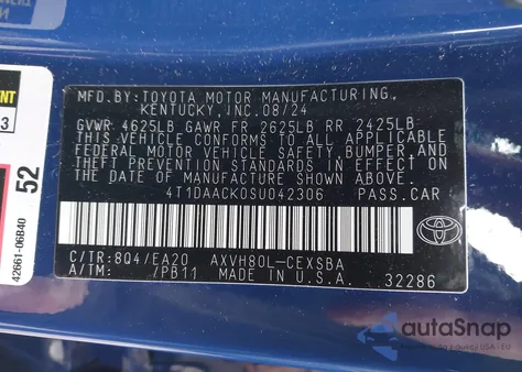 2025 Toyota Camry Se from USA, damaged, VIN 4T1DAACK0SU042306